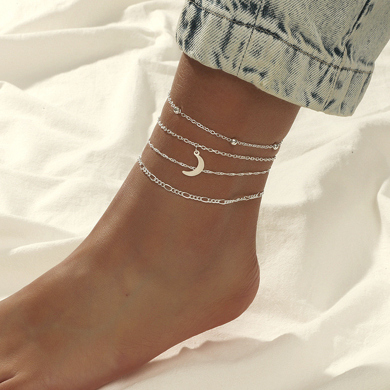 4 buc/set Vară, auriu, argint, gleznă, pentru femei, lanț de pandantiv cu lună, gleznă pentru fete, desculț pe picior, lanț de bijuterii pentru plajă