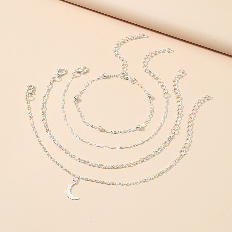 4 buc/set Vară, auriu, argint, gleznă, pentru femei, lanț de pandantiv cu lună, gleznă pentru fete, desculț pe picior, lanț de bijuterii pentru plajă