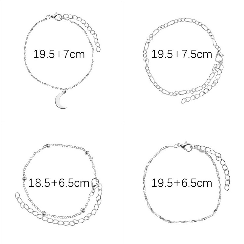 4 buc/set Vară, auriu, argint, gleznă, pentru femei, lanț de pandantiv cu lună, gleznă pentru fete, desculț pe picior, lanț de bijuterii pentru plajă