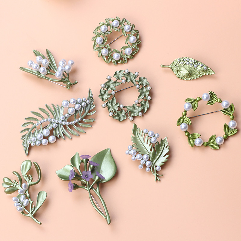 Broșă cu perle de plantă verde de epocă nou-nouță Broșă cu frunze de flori Cadou de bijuterii pentru doamne