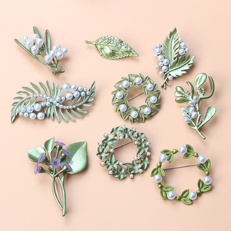 Broșă cu perle de plantă verde de epocă nou-nouță Broșă cu frunze de flori Cadou de bijuterii pentru doamne
