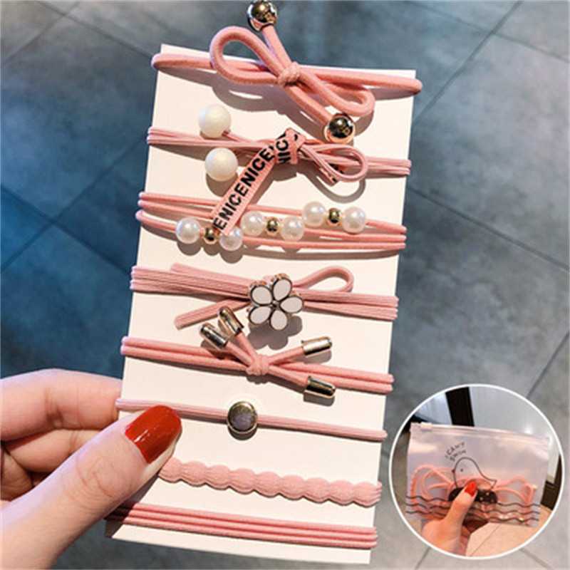 Madingas korėjietiškas 8 dalių rinkinys lankas plaukų juosta elastinga plaukų mergaičių perlų uodega guminė juosta galvos juosta moteriški plaukų aksesuarai