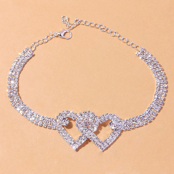 Ins Fashion Silver Color Rhinestone Double Heart Glezen za Women Bling Hollow Out Love Foot Glezen Крак Гривна Верига Бижута