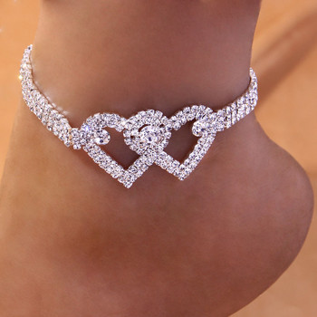 Ins Fashion Silver Color Rhinestone Double Heart Glezen za Women Bling Hollow Out Love Foot Glezen Крак Гривна Верига Бижута