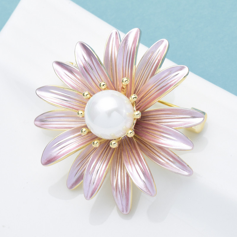 Wuli&baby Broșe cu flori de margaretă pentru femei unisex roz perlat email flori de petrecere broșă de birou Pin Cadouri