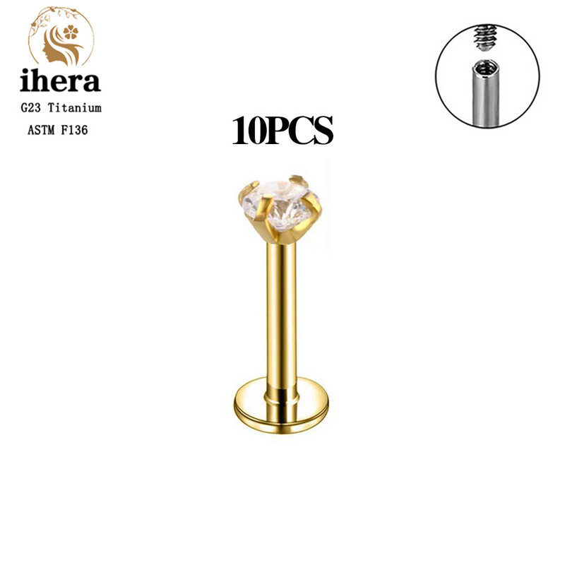 10 DB G23 Titanium Labret piercing ajakgyűrű 16G F136 belső menetes orr-fülbevaló Tragus Helix porcpiercing ékszer