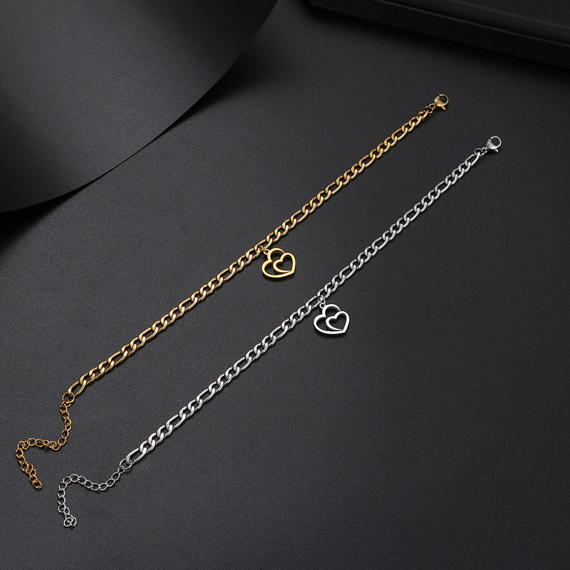 Oțel inoxidabil gleznă cu inimă goală, accesoriu cu lanț cubanez de modă, gleznă de plajă de vară pentru femei, bijuterii pentru picioare, cadouri de culoare aurie