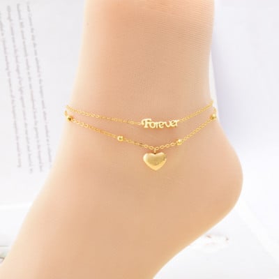 316L nehrđajući čelik Novi modni vrhunski nakit 2 sloja s perlama Forever Love Heart Charm Lanac Anklet za žene Tobilleras