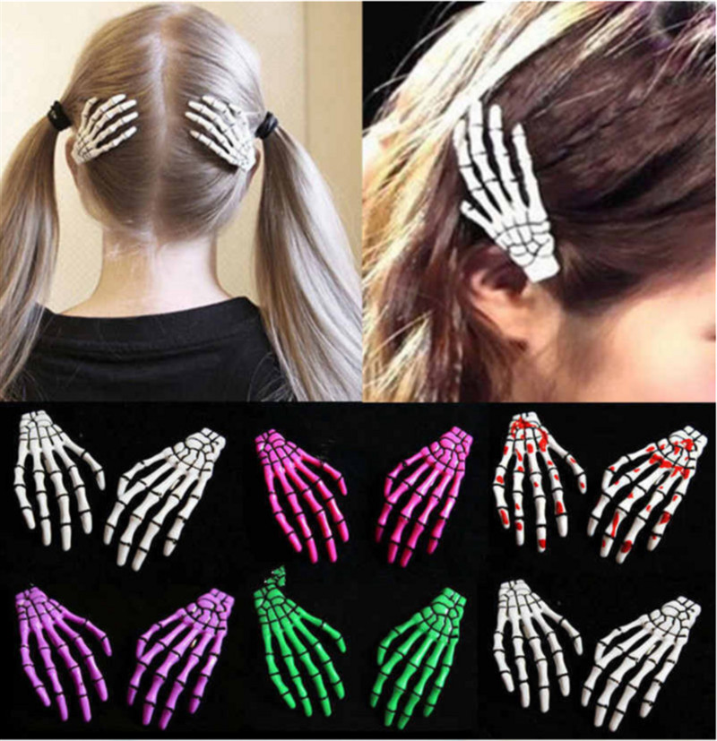 Комплект от 2 бр. нов Хелоуин Череп Щипка за коса Fashion Punk Gothic Harajuku Hand Bone Grab Щипка за коса Дамски аксесоари за коса