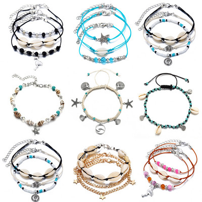 Modna boemska ljetna višeslojna školjkasta gležnjača za žene Boho Ocean Barefoot Plaža na nozi Narukvica Ženske sandale Nakit