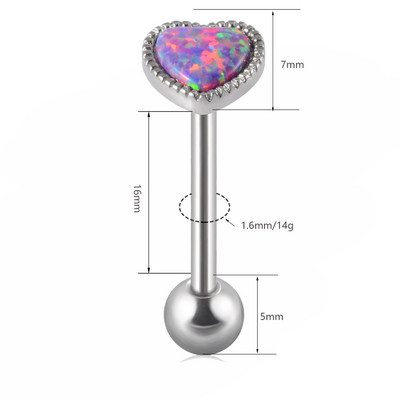 1 ks antialergické chirurgické oceľové opálové prsteňe do jazyka pre ženy v tvare srdca, opálové piercing do ucha, tragusu, chrupavky a líca, šperky 14g/16g