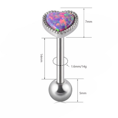 1 ks antialergické chirurgické oceľové opálové prsteňe do jazyka pre ženy v tvare srdca, opálové piercing do ucha, tragusu, chrupavky a líca, šperky 14g/16g