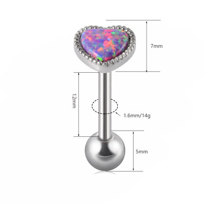 1 ks antialergické chirurgické oceľové opálové prsteňe do jazyka pre ženy v tvare srdca, opálové piercing do ucha, tragusu, chrupavky a líca, šperky 14g/16g