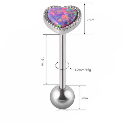 1 ks antialergické chirurgické oceľové opálové prsteňe do jazyka pre ženy v tvare srdca, opálové piercing do ucha, tragusu, chrupavky a líca, šperky 14g/16g