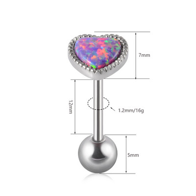 1 ks antialergické chirurgické oceľové opálové prsteňe do jazyka pre ženy v tvare srdca, opálové piercing do ucha, tragusu, chrupavky a líca, šperky 14g/16g