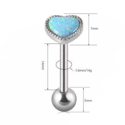 1 ks antialergické chirurgické oceľové opálové prsteňe do jazyka pre ženy v tvare srdca, opálové piercing do ucha, tragusu, chrupavky a líca, šperky 14g/16g