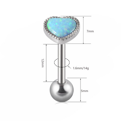 1 ks antialergické chirurgické oceľové opálové prsteňe do jazyka pre ženy v tvare srdca, opálové piercing do ucha, tragusu, chrupavky a líca, šperky 14g/16g