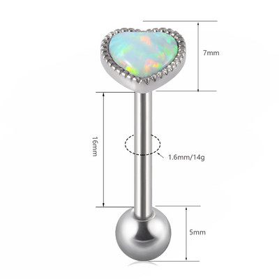 1 ks antialergické chirurgické oceľové opálové prsteňe do jazyka pre ženy v tvare srdca, opálové piercing do ucha, tragusu, chrupavky a líca, šperky 14g/16g