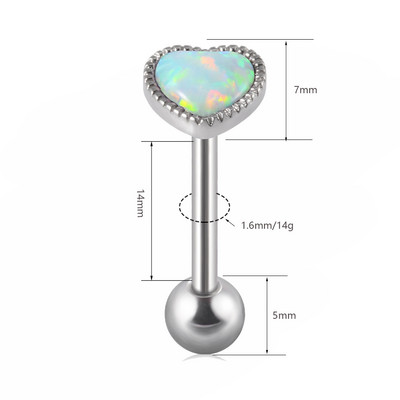 1 ks antialergické chirurgické oceľové opálové prsteňe do jazyka pre ženy v tvare srdca, opálové piercing do ucha, tragusu, chrupavky a líca, šperky 14g/16g