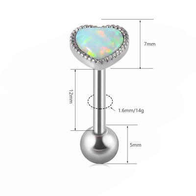 1 ks antialergické chirurgické oceľové opálové prsteňe do jazyka pre ženy v tvare srdca, opálové piercing do ucha, tragusu, chrupavky a líca, šperky 14g/16g