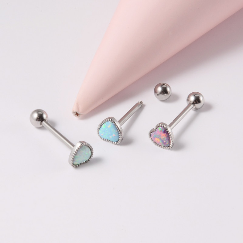 1 ks antialergické chirurgické oceľové opálové prsteňe do jazyka pre ženy v tvare srdca, opálové piercing do ucha, tragusu, chrupavky a líca, šperky 14g/16g