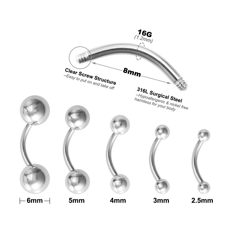 5 komada 2,5-6 mm piercing obrva banana prsten za usne od nehrđajućeg čelika zakrivljena uteg zavojnica pupak hrskavica naušnica nakit za tijelo 16G