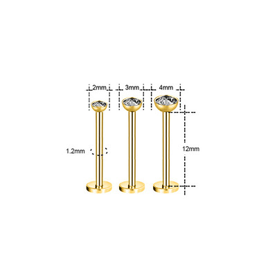 ZS 3 bucăți/lot cercel tragus din oțel inoxidabil inel pentru buze placat cu aur pentru cartilaj inel cu piercing labret de cristal 16G Helix cercel pentru femei