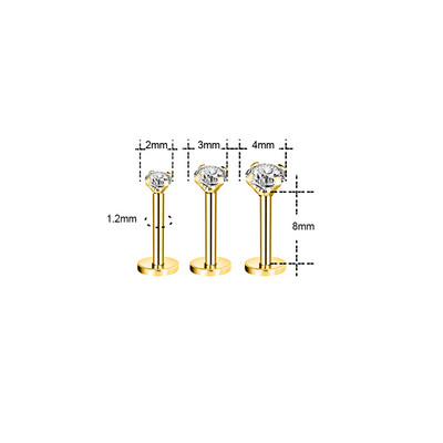 ZS 3 bucăți/lot cercel tragus din oțel inoxidabil inel pentru buze placat cu aur pentru cartilaj inel cu piercing labret de cristal 16G Helix cercel pentru femei