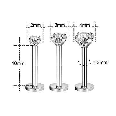 ZS 3 bucăți/lot cercel tragus din oțel inoxidabil inel pentru buze placat cu aur pentru cartilaj inel cu piercing labret de cristal 16G Helix cercel pentru femei