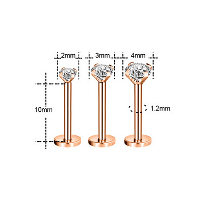 ZS 3 bucăți/lot cercel tragus din oțel inoxidabil inel pentru buze placat cu aur pentru cartilaj inel cu piercing labret de cristal 16G Helix cercel pentru femei