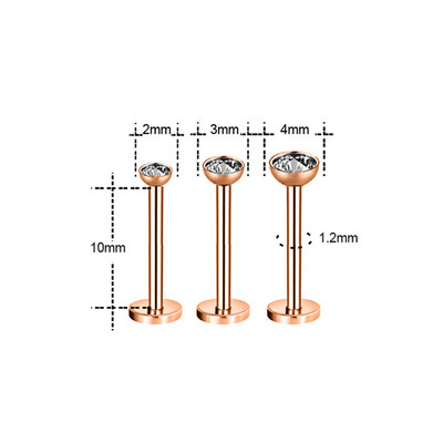 ZS 3 bucăți/lot cercel tragus din oțel inoxidabil inel pentru buze placat cu aur pentru cartilaj inel cu piercing labret de cristal 16G Helix cercel pentru femei