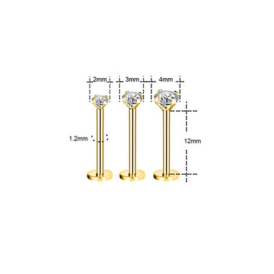 ZS 3 bucăți/lot cercel tragus din oțel inoxidabil inel pentru buze placat cu aur pentru cartilaj inel cu piercing labret de cristal 16G Helix cercel pentru femei