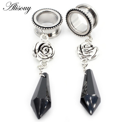 Alisouy 2 buc din oțel inoxidabil stea picătură de apă cruce floare craniu dangle CZ cercei carne ureche gauge mufă tunel expander targă