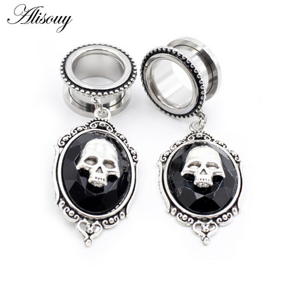 Alisouy 2 buc din oțel inoxidabil stea picătură de apă cruce floare craniu dangle CZ cercei carne ureche gauge mufă tunel expander targă