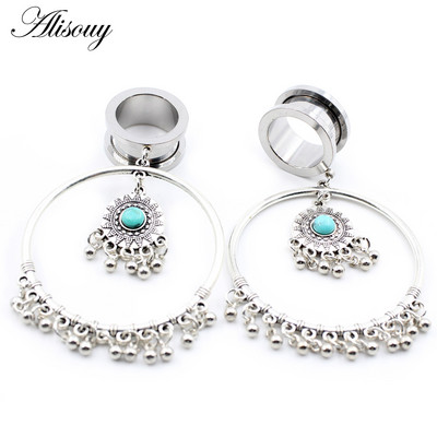 Alisouy 2 buc din oțel inoxidabil stea picătură de apă cruce floare craniu dangle CZ cercei carne ureche gauge mufă tunel expander targă