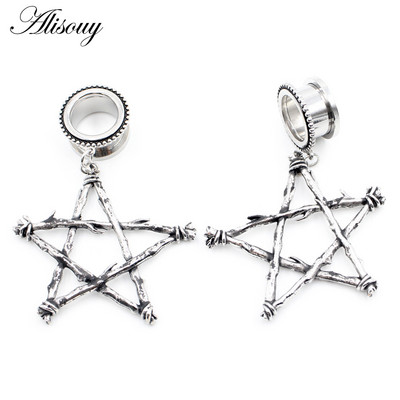 Alisouy 2 buc din oțel inoxidabil stea picătură de apă cruce floare craniu dangle CZ cercei carne ureche gauge mufă tunel expander targă