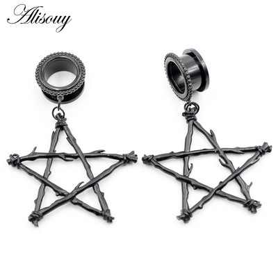 Alisouy 2 buc din oțel inoxidabil stea picătură de apă cruce floare craniu dangle CZ cercei carne ureche gauge mufă tunel expander targă