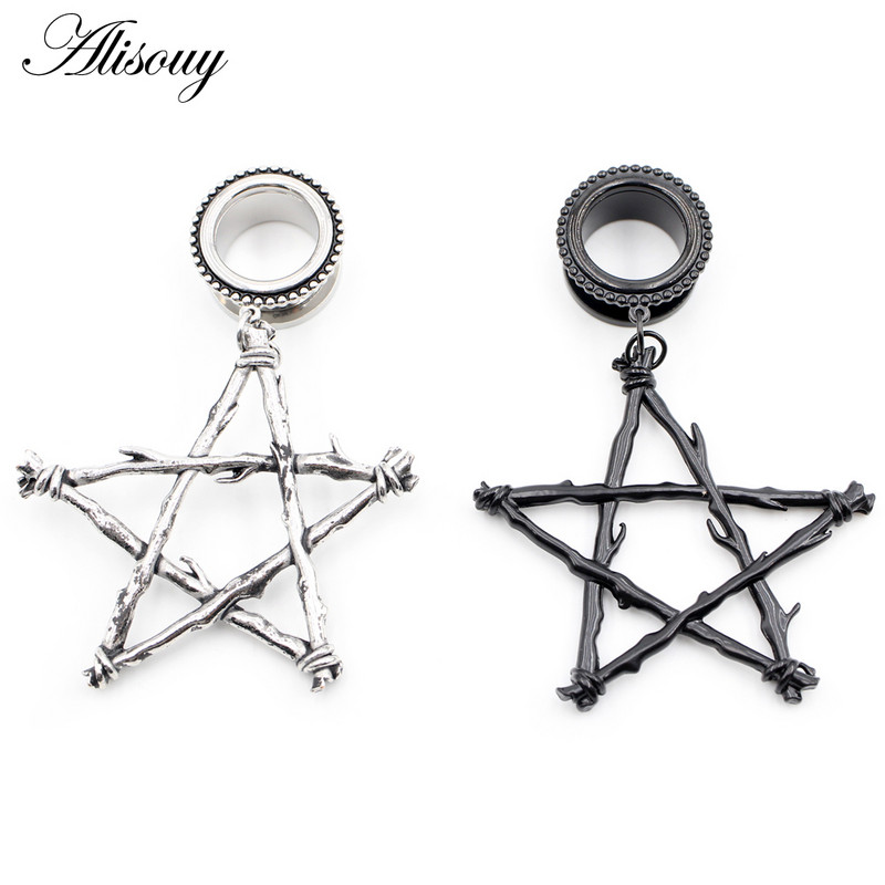 Alisouy 2 buc din oțel inoxidabil stea picătură de apă cruce floare craniu dangle CZ cercei carne ureche gauge mufă tunel expander targă