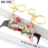 Μπρελόκ Real Dried Flower 26 Initial Letter Exquisite Crystal Resin AZ Αγγλικό Alphabe Charm Μπρελόκ Γυναικεία τσάντα κλειδί Αξεσουάρ