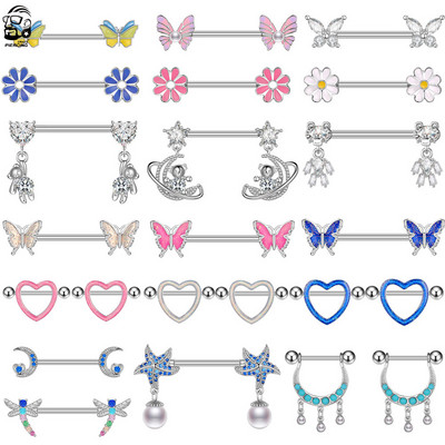 2 бр. Титаниева мечка, висяща пиърсинг за зърна 14G Flower Heart Shield Bar Barbell Nipple Ring Piercing Nombril Покривало за гърди Бижута