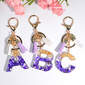 Brelocuri rafinate din rășină cu 26 de litere Brelocuri pentru femei, de culoare auriu violet, ornamente pentru genți, accesorii, brelocuri cu ciucuri