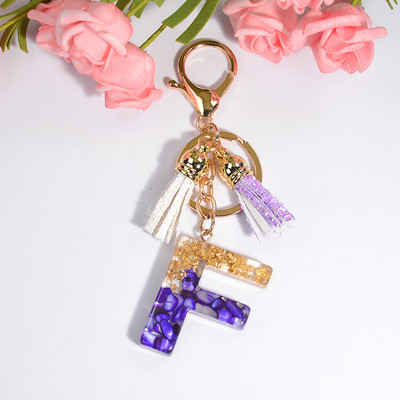 Brelocuri rafinate din rășină cu 26 de litere Brelocuri pentru femei, de culoare auriu violet, ornamente pentru genți, accesorii, brelocuri cu ciucuri