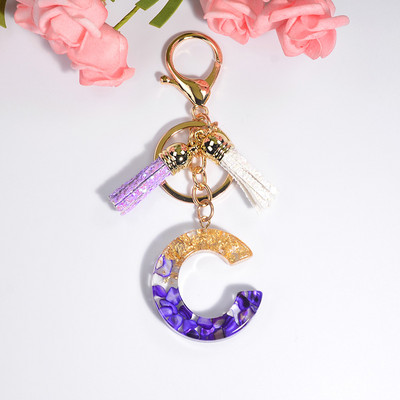 Brelocuri rafinate din rășină cu 26 de litere Brelocuri pentru femei, de culoare auriu violet, ornamente pentru genți, accesorii, brelocuri cu ciucuri