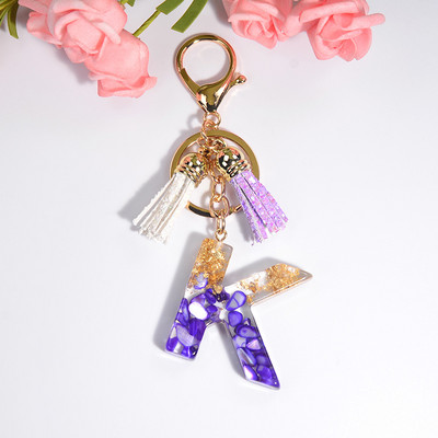 Brelocuri rafinate din rășină cu 26 de litere Brelocuri pentru femei, de culoare auriu violet, ornamente pentru genți, accesorii, brelocuri cu ciucuri