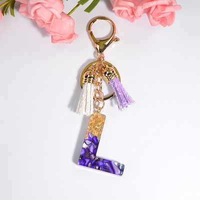 Brelocuri rafinate din rășină cu 26 de litere Brelocuri pentru femei, de culoare auriu violet, ornamente pentru genți, accesorii, brelocuri cu ciucuri