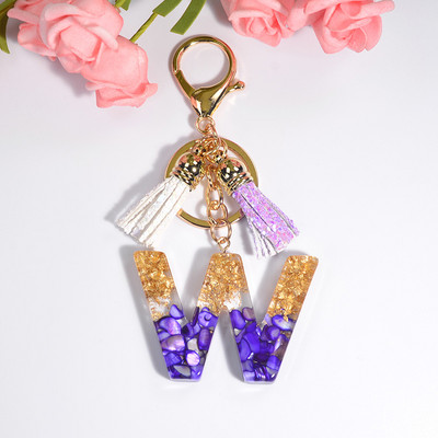 Brelocuri rafinate din rășină cu 26 de litere Brelocuri pentru femei, de culoare auriu violet, ornamente pentru genți, accesorii, brelocuri cu ciucuri