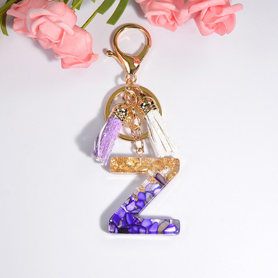 Brelocuri rafinate din rășină cu 26 de litere Brelocuri pentru femei, de culoare auriu violet, ornamente pentru genți, accesorii, brelocuri cu ciucuri