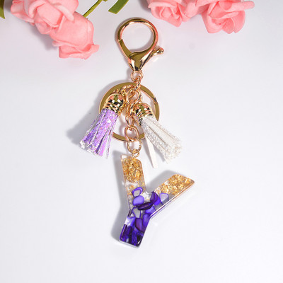 Brelocuri rafinate din rășină cu 26 de litere Brelocuri pentru femei, de culoare auriu violet, ornamente pentru genți, accesorii, brelocuri cu ciucuri