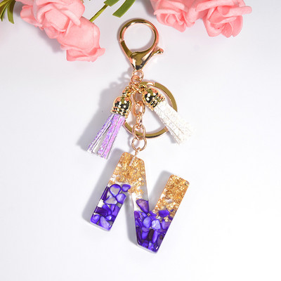 Brelocuri rafinate din rășină cu 26 de litere Brelocuri pentru femei, de culoare auriu violet, ornamente pentru genți, accesorii, brelocuri cu ciucuri
