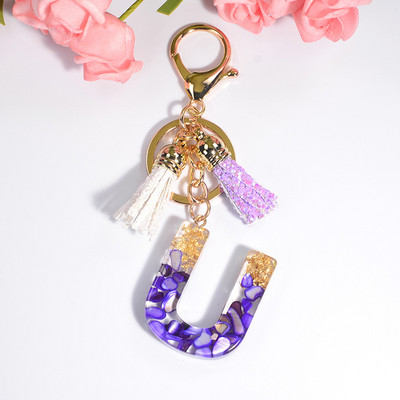 Brelocuri rafinate din rășină cu 26 de litere Brelocuri pentru femei, de culoare auriu violet, ornamente pentru genți, accesorii, brelocuri cu ciucuri